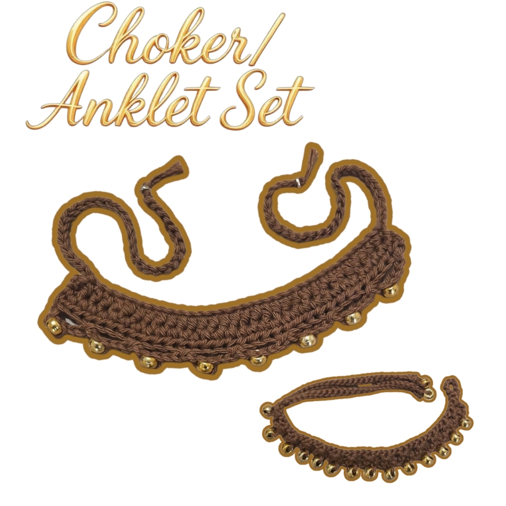 Brown/Gold Beading Crochet Choker/Anklet Set, Handmadebyme, Y2K Asthetic